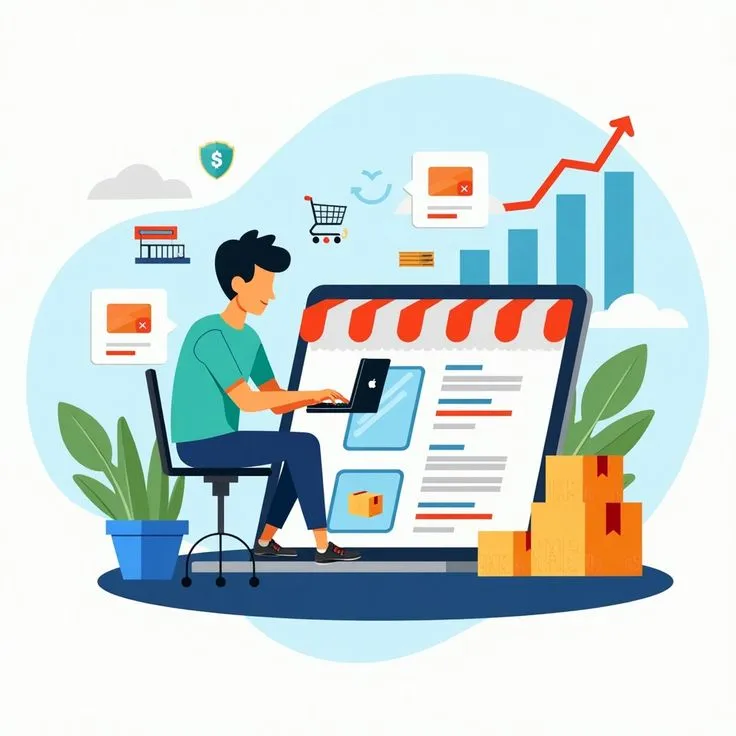 Illustration of a person managing an online store on a large laptop screen, surrounded by e-commerce and logistics icons, depicting online selling and business growth.
