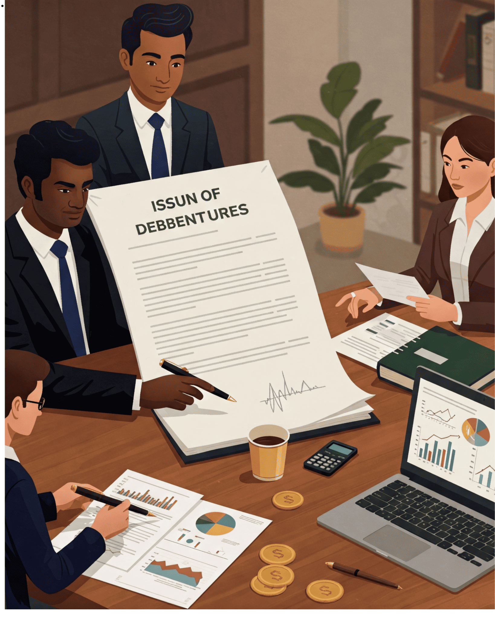 Issuing of Debentures shown with professionals exchanging documents, symbolizing legal fundraising.